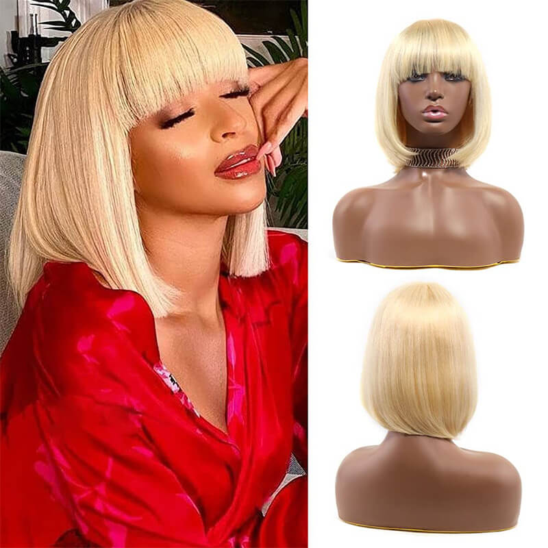 Blonde Bob Wig With Bangs Short Bob Wigs For Black Women Human Hair 100% Brazilian Virgin Hair Straight Hair Machine Made Bob Wig 613 Color Wigs ｜QT Hair