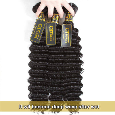 QTHAIR 12A Wet And Wavy Dream Straight Human Hair Deep Wave Bundles With Lace Closure - QT Hair