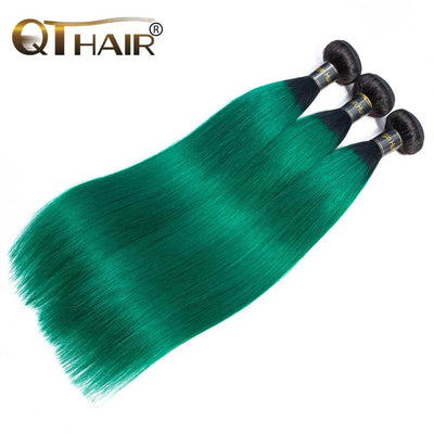 QT Hair 1B/Green Ombre Human Hair Staight 3 Bundles With Lace Closure - QT Hair