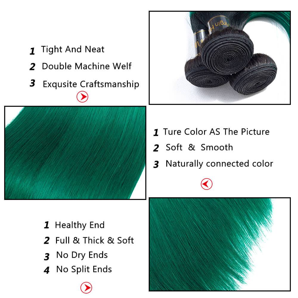 QT Hair 1B/Green Ombre Human Hair Staight 3 Bundles With Lace Closure - QT Hair
