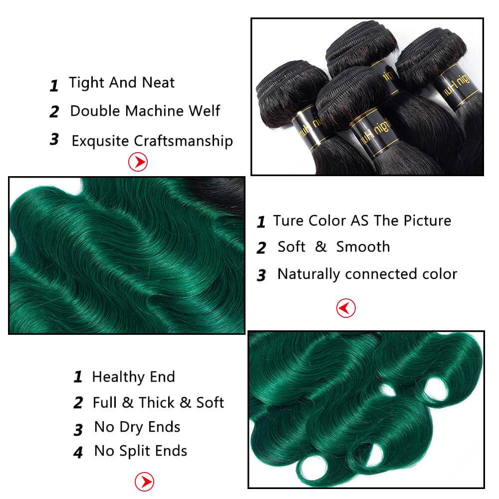 QT Hair 1B/Green Ombre Hair Weave 3 Pcs Body Wave 100% Virgin Human Hair With Lace Closure - QT Hair