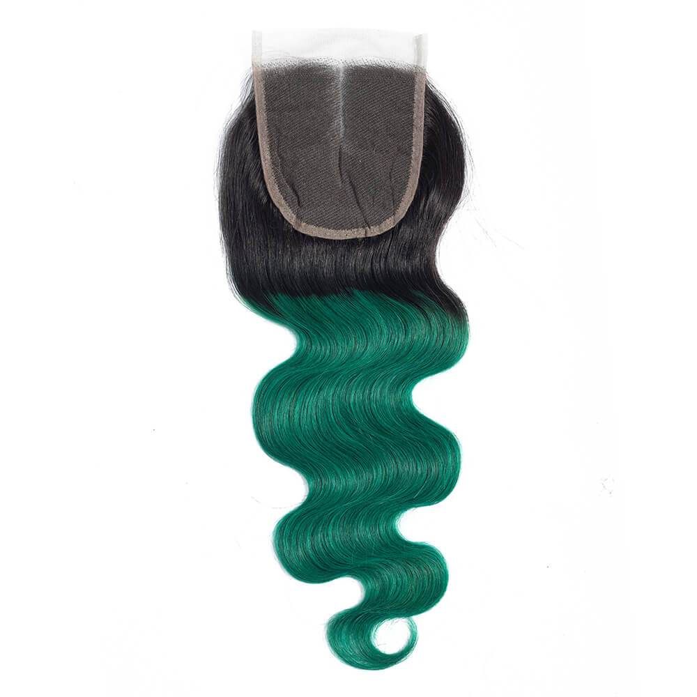 QT Hair 1B/Green Ombre Hair Weave 3 Pcs Body Wave 100% Virgin Human Hair With Lace Closure - QT Hair
