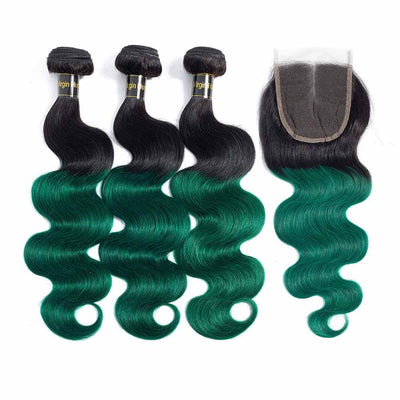 QT Hair 1B/Green Ombre Hair Weave 3 Pcs Body Wave 100% Virgin Human Hair With Lace Closure - QT Hair