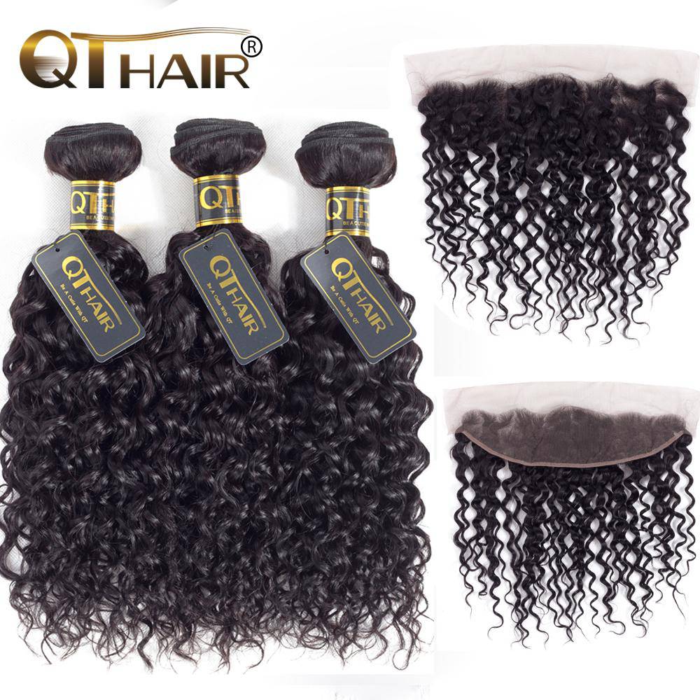 QT Hair Water Wave Natural Hair Weave 3 Bundles With Lace Frontal - QT Hair