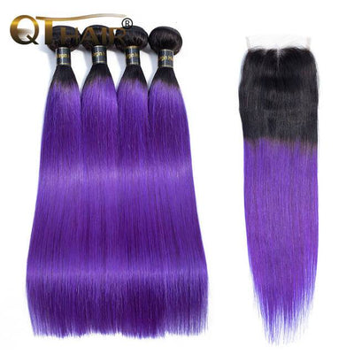 QT Hair 1B/Purple Ombre Color Straight Human Hair 3 Pcs With Lace Closure - QT Hair