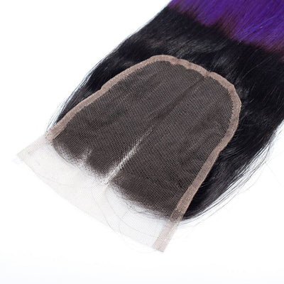 QT Hair 1B/Purple Ombre Color Straight Human Hair 3 Pcs With Lace Closure - QT Hair