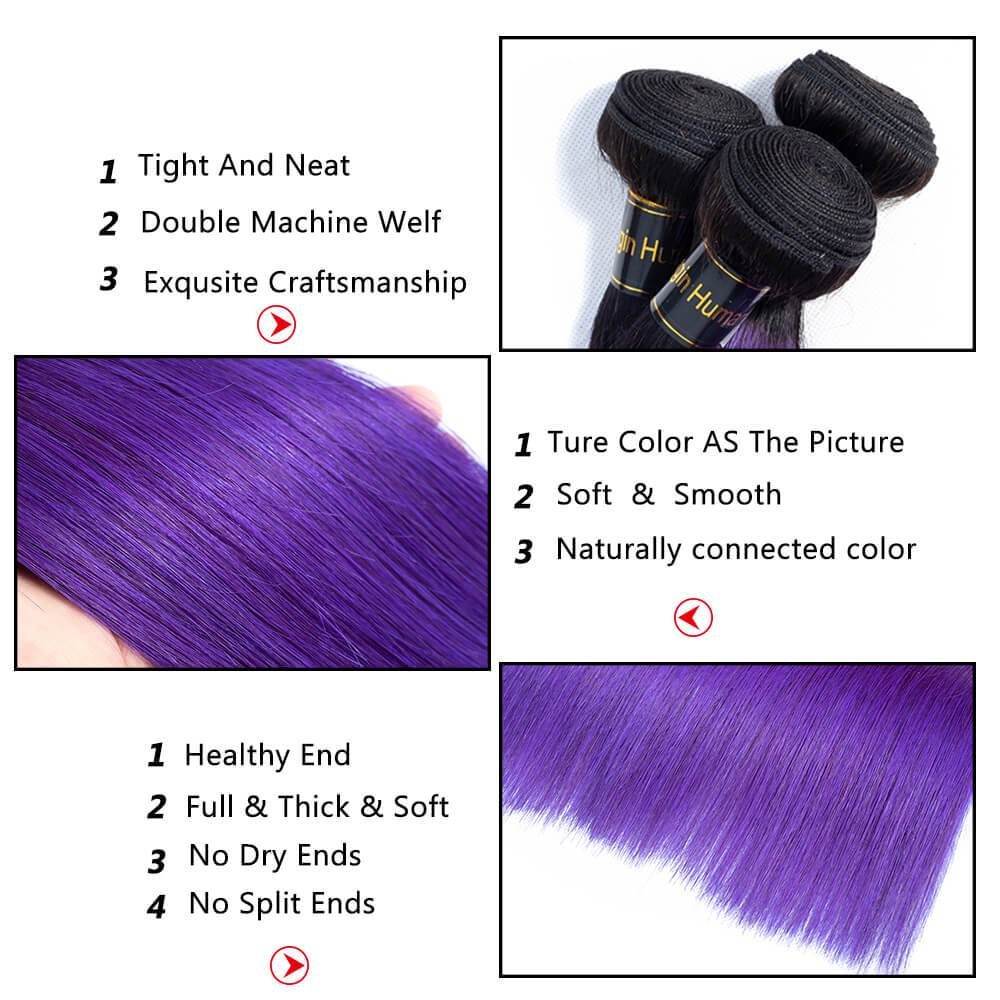 QT Hair 1B/Purple Ombre Color Straight Human Hair 3 Pcs With Lace Closure - QT Hair
