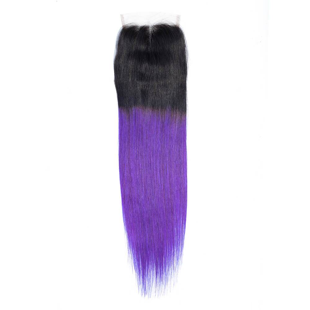 QT Hair 1B/Purple Ombre Color Straight Human Hair 3 Pcs With Lace Closure - QT Hair