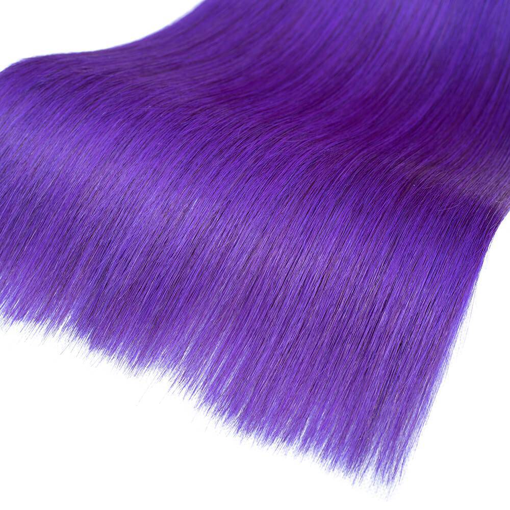 QT Hair 1B/Purple Ombre Color Straight Human Hair 3 Pcs With Lace Closure - QT Hair