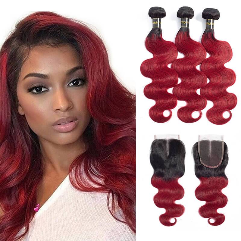 QT Hair Ombre 3Bundles Bundles With Closure Brazilian Body Wave Human Hair Bundles With 1B/Red Remy Hair Weave Extensions - QT Hair