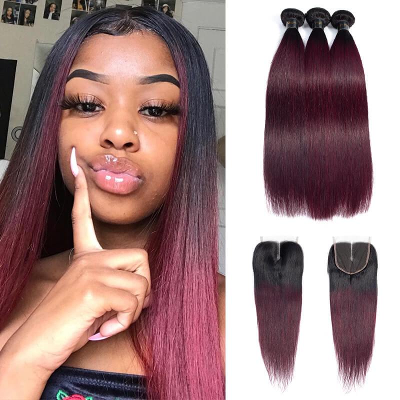 QT Hair 1B/99J Ombre Hair Weave 3 Pcs Straight 100% Virgin Human Hair - QT Hair