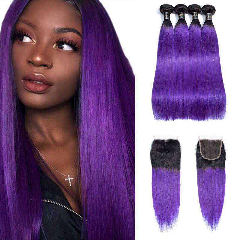 QT Hair 1B/Purple Ombre Color Straight Human Hair 3 Pcs With Lace Closure - QT Hair