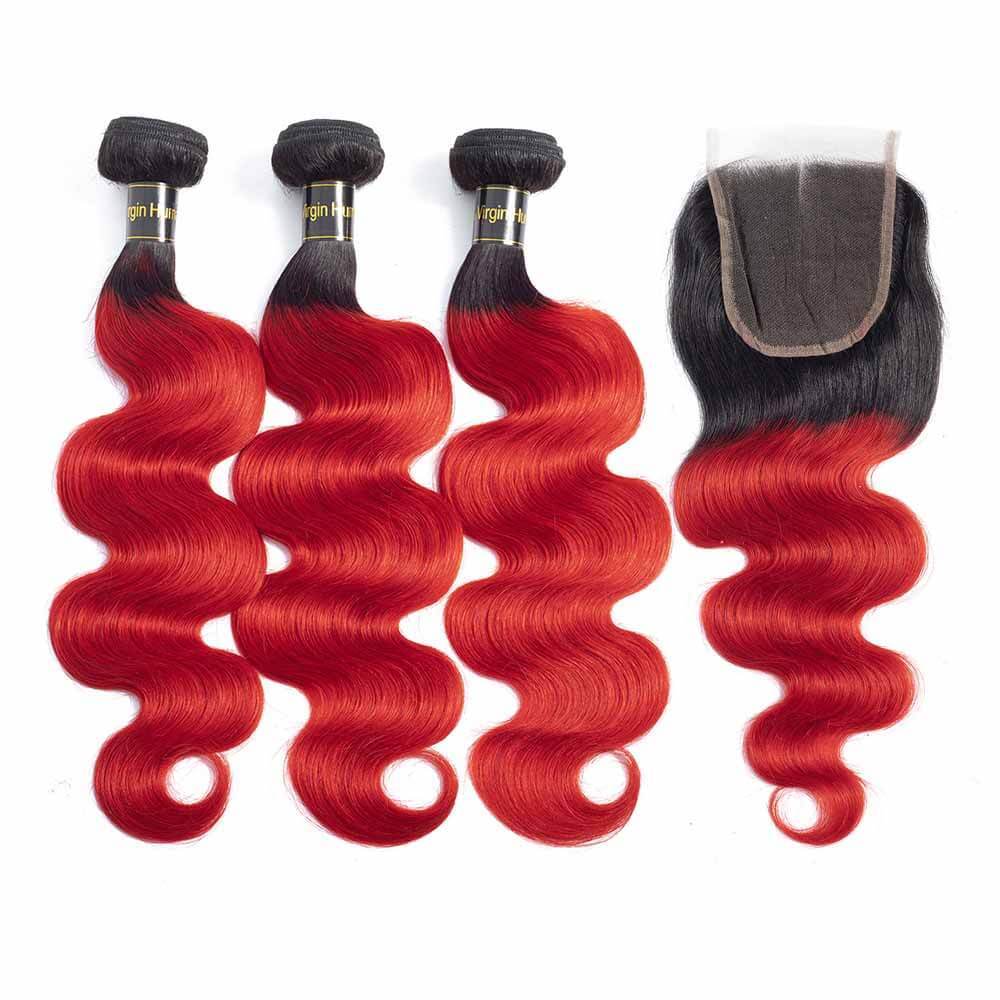 QT Hair Ombre 3Bundles Bundles With Closure Brazilian Body Wave Human Hair Bundles With 1B/Red Remy Hair Weave Extensions - QT Hair