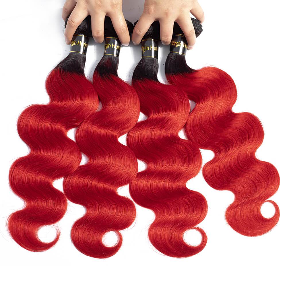 QT Hair Ombre 3Bundles Bundles With Closure Brazilian Body Wave Human Hair Bundles With 1B/Red Remy Hair Weave Extensions - QT Hair