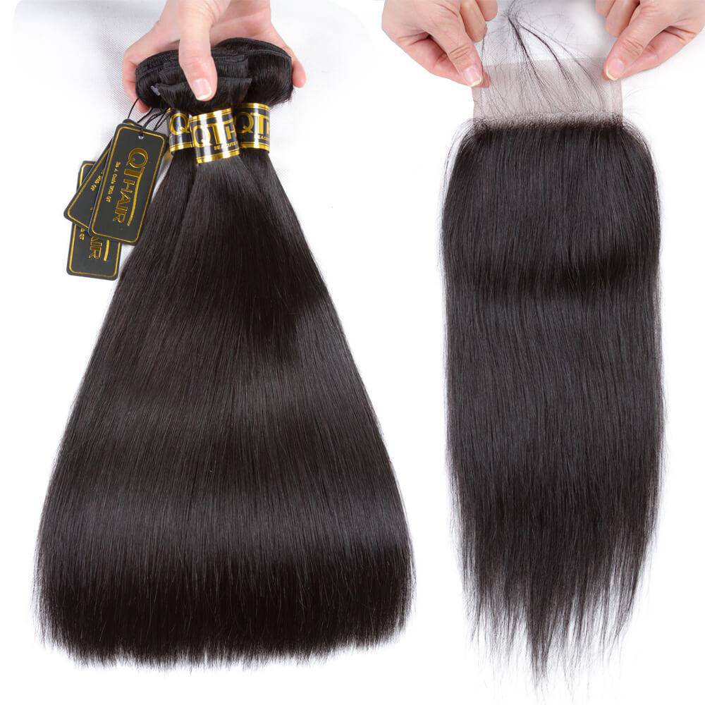 QT Hair Peruvian Virgin Human Hair 3 Bundles Straight Hair With 4*4 Lace Closure - QT Hair