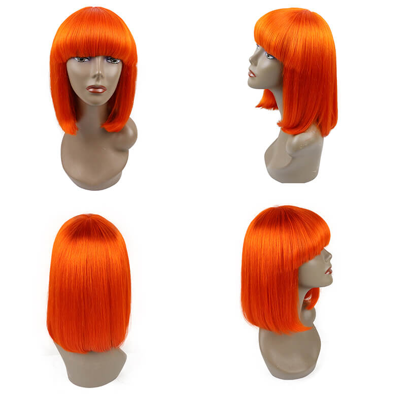 Straight Orange Bob Human Hair Wigs With Bangs Short Brazilian Human Hair Bob Wigs For Woman No Lace Full Machine Made Human Hair Wigs ｜QT Hair