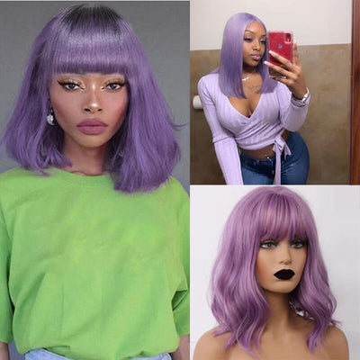 14A Light Purple Bob Straight With Bangs Wig Human Hair Glueless Pre Plucked with Natural Hairline Lilac Virgin Human Hair Bob Wigs 150% Density Can be Colored ｜QT Hair