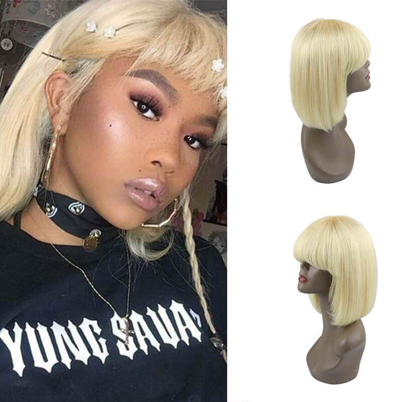 Blonde Bob Wig With Bangs Short Bob Wigs For Black Women Human Hair 100% Brazilian Virgin Hair Straight Hair Machine Made Bob Wig 613 Color Wigs ｜QT Hair