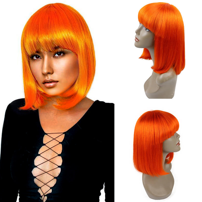 Straight Orange Bob Human Hair Wigs With Bangs Short Brazilian Human Hair Bob Wigs For Woman No Lace Full Machine Made Human Hair Wigs ｜QT Hair