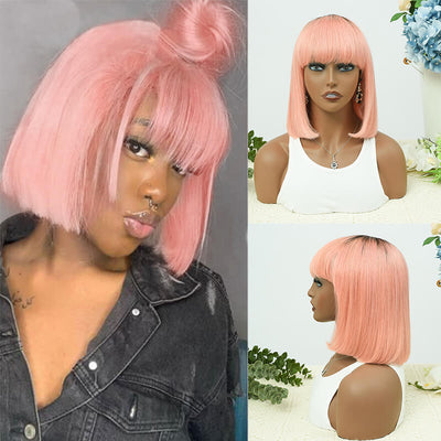 14A Short Straight 1B/Pink Bob With Bangs Wigs Brazilian Human Hair Bob Wigs No Lace Glueless Machine Made Wigs For black Women ｜QT Hair