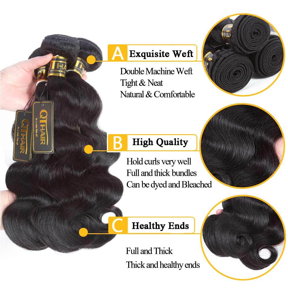 QTHAIR 12A Grade Brazilian Body Wave Human Hair Bundles With Frontal or Closure Unprocessed Brazilian Virgin Hair Bundles with Lace Frontal Closure - QTHAIR