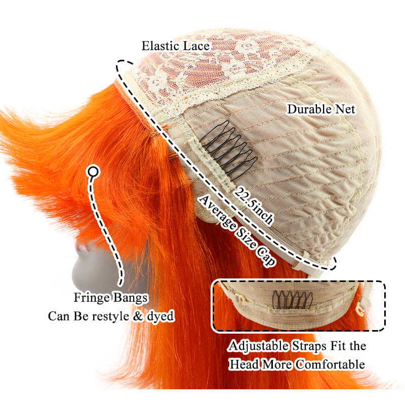Straight Orange Bob Human Hair Wigs With Bangs Short Brazilian Human Hair Bob Wigs For Woman No Lace Full Machine Made Human Hair Wigs ｜QT Hair